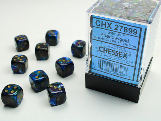 Chessex Shadow/gold - 36 Lustrous 12mm D6 Dice Block