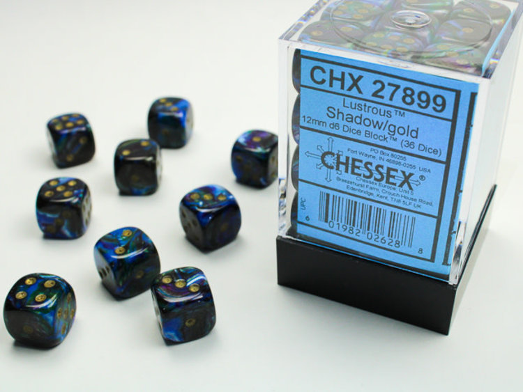 Chessex Chessex: Shadow/gold - 36 Lustrous 12mm D6 Dice Block