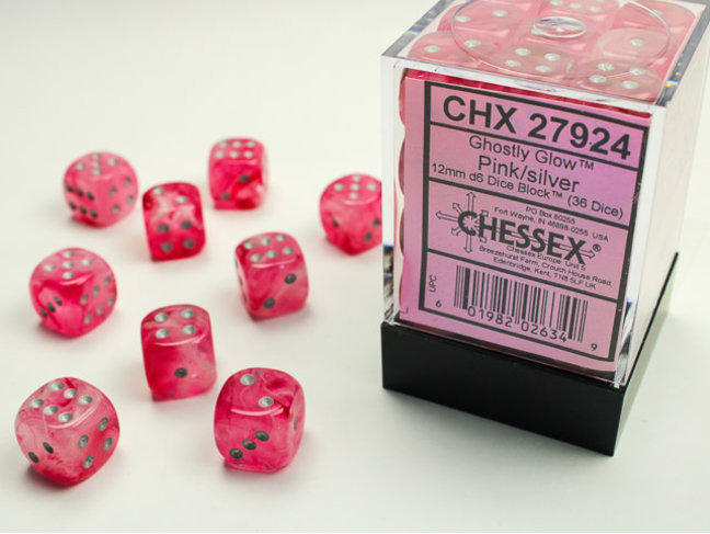Chessex Pink/silver - 36 Ghostly Glow 12mm D6 Dice Block