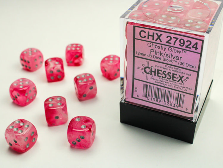 Chessex Chessex: Pink/silver - 36 Ghostly Glow 12mm D6 Dice Block