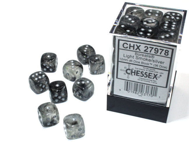 Chessex Light Smoke/silver - 36 Borealis 12mm D6 Dice Block