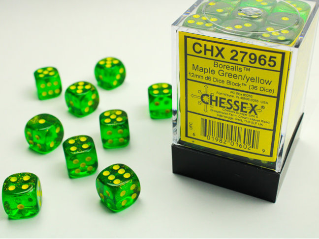 Chessex Maple Green/yellow - 36 Borealis 12mm D6 Dice Block