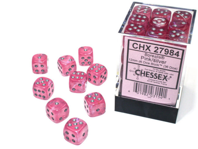 Chessex Pink/silver - 36 Borealis 12mm D6 Dice Block