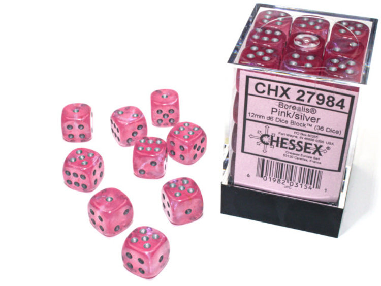 Chessex Chessex: Pink/silver - 36 Borealis 12mm D6 Dice Block