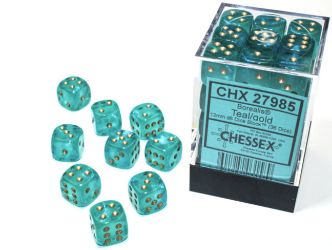 Chessex Teal/gold - 36 Borealis 12mm D6 Dice Block