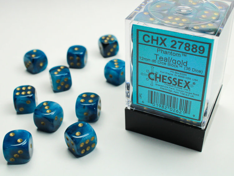 Chessex Chessex: Teal/gold - 36 Phantom 12mm D6 Dice Block