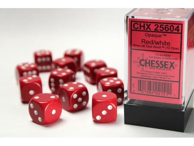 Chessex Red/white - 12 Opaque 16mm D6 Dice Block