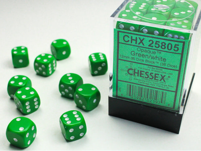 Chessex Green/white - 36 Opaque 12mm D6 Dice Block
