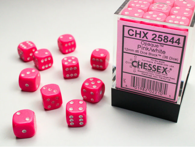 Chessex Pink/white - 36 Opaque 12mm D6 Dice Block