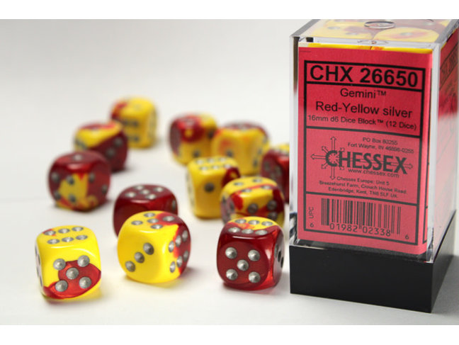 Chessex Red-Yellow/silver - 12 Gemini 16mm D6 Dice Block