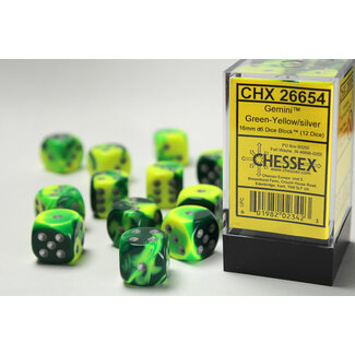 Chessex Green-Yellow/silver - 12 Gemini 16mm D6 Dice Block