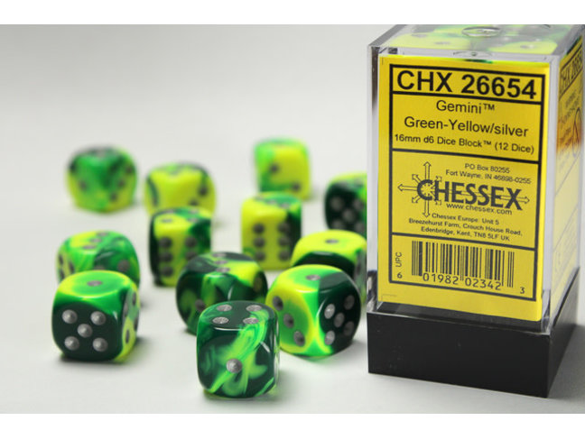 Chessex Green-Yellow/silver - 12 Gemini 16mm D6 Dice Block