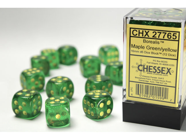 Chessex Maple Green/yellow - 12 Borealis 16mm D6 Dice Block