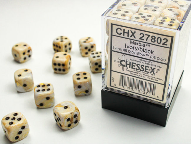 Chessex Ivory/black - 36 Marble 12mm D6 Dice Block