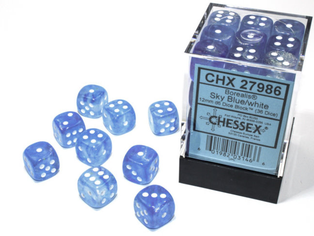 Chessex Sky Blue/white - 36 Borealis 12mm D6 Dice Block