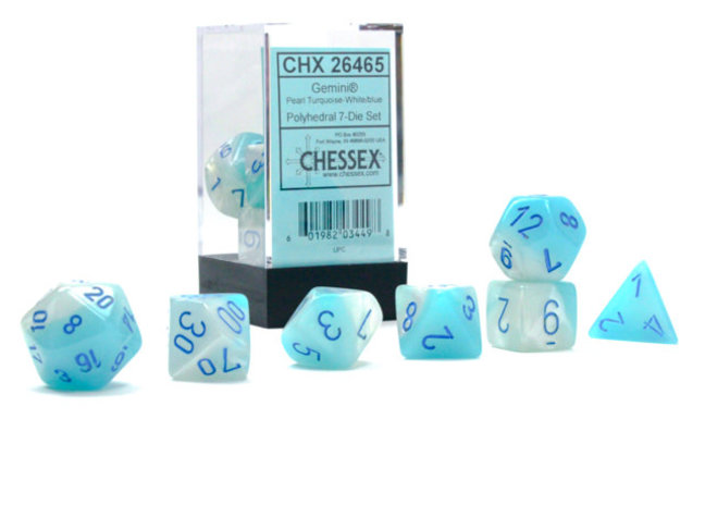 Chessex Pearl Turquoise-White/blue - Gemini Luminary Polyhedral 7-Die Set