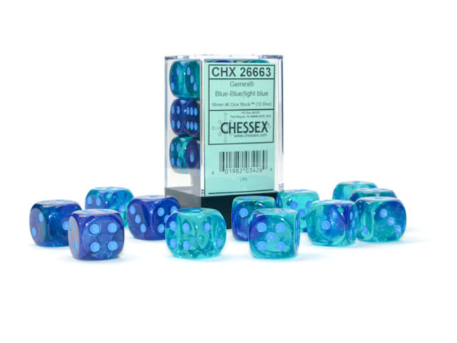 Chessex Blue-Blue/light blue - 12 Gemini Luminary 16mm D6 Dice Block
