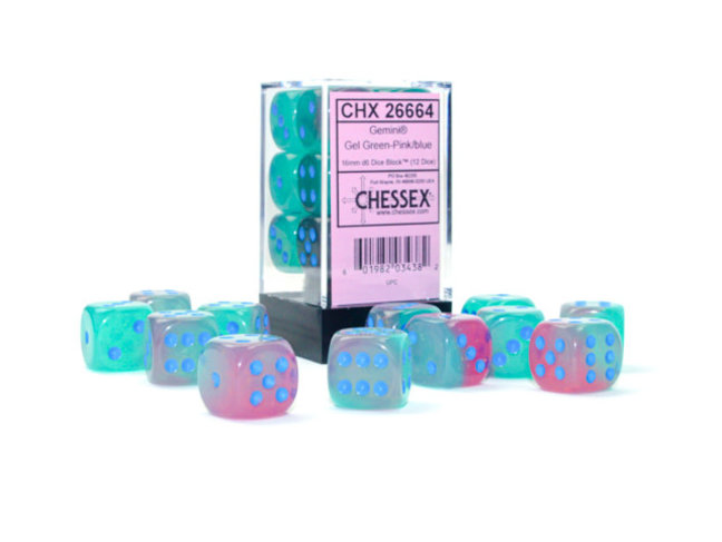 Chessex Gel Green-Pink/blue - 12 Gemini Luminary 16mm D6 Dice Block