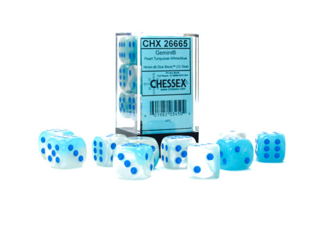 Chessex Pearl Turquoise-White/blue - 12 Gemini Luminary 16mm D6 Dice Block