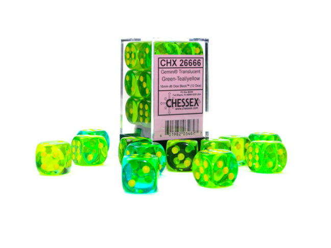 Chessex Green-Teal/yellow - 12 Gemini Translucent 16mm D6 Dice Block