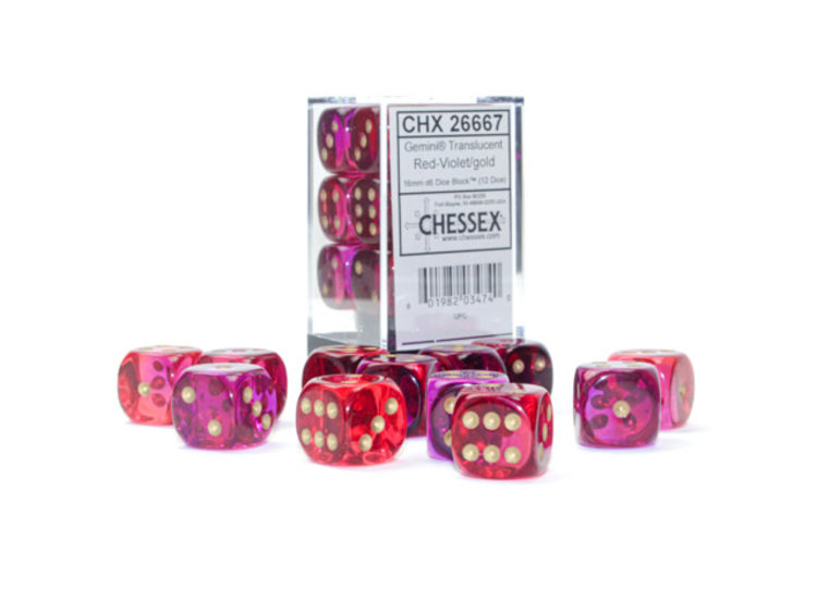 Chessex Chessex: Red-Violet/gold - 12 Gemini Translucent 16mm D6 Dice Block