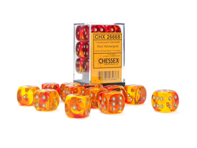 Chessex Red-Yellow/gold - 12 Gemini Translucent 16mm D6 Dice Block