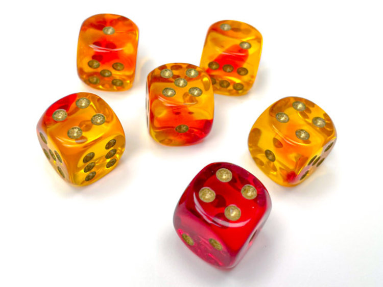 Chessex Chessex: Red-Yellow/gold - 12 Gemini Translucent 16mm D6 Dice Block