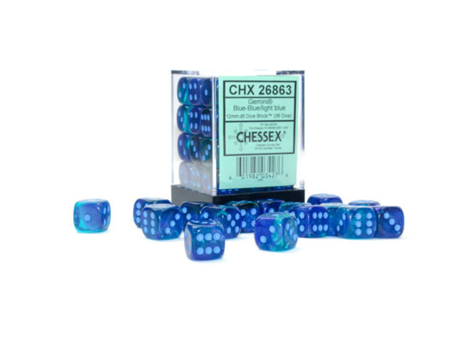 Chessex Blue-Blue/light blue - 36 Gemini Luminary 12mm D6 Dice Block