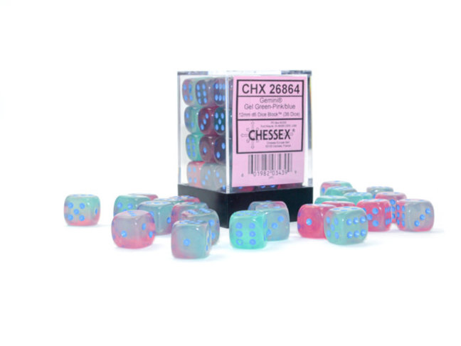 Chessex Gel Green-Pink/blue - 36 Gemini Luminary 12mm D6 Dice Block