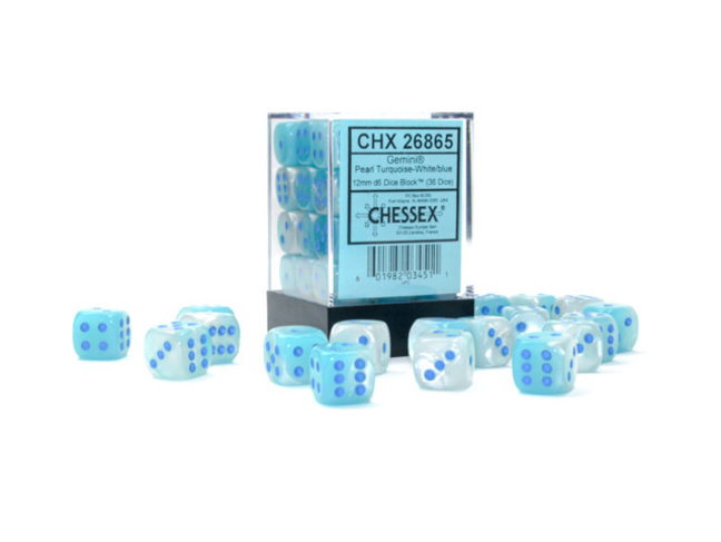 Chessex Pearl Turquoise-White/blue - 36 Gemini Luminary 12mm D6 Dice Block
