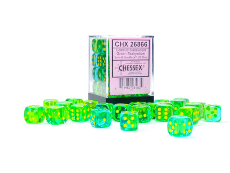 Chessex Chessex: Green-Teal/yellow - 36 Gemini Translucent 12mm D6 Dice Block