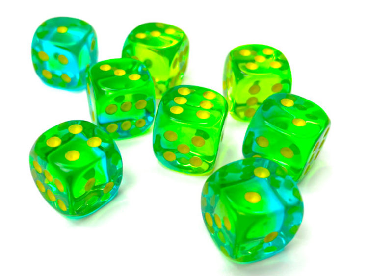 Chessex Chessex: Green-Teal/yellow - 36 Gemini Translucent 12mm D6 Dice Block