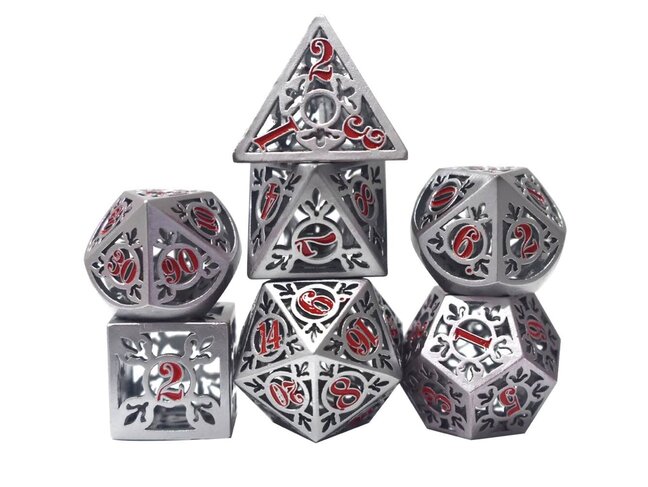 Würfelz Fleur de Lys Silver with Red Numbers - 7 Die Metal Set