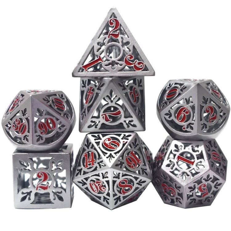 Würfelz Fleur de Lys Silver with Red Numbers - 7 Die Metal Set