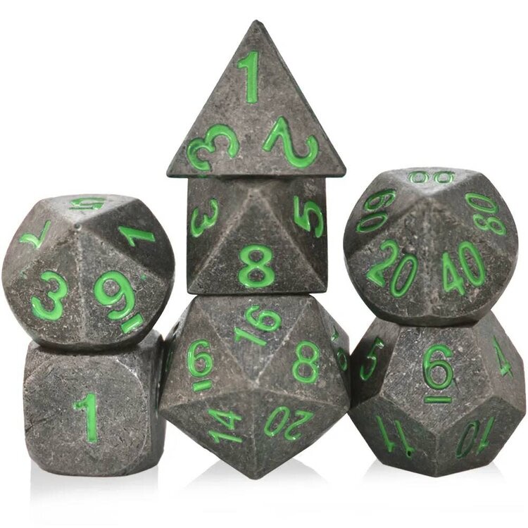 Würfelz Black with Green Numbers - 7 Die Metal Set