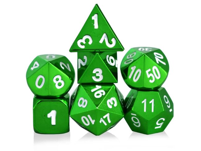 Würfelz Green with White Numbers - 7 Die Metal Set