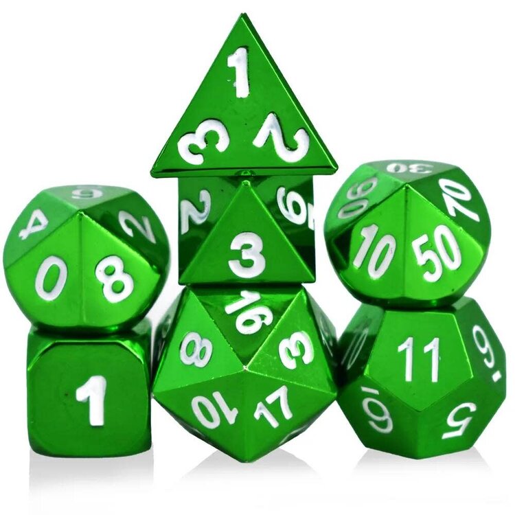 Würfelz Green with White Numbers - 7 Die Metal Set