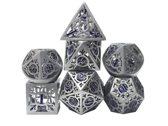 Würfelz Fleur de Lys Silver with Royal Blue Numbers - 7 Die Metal Set