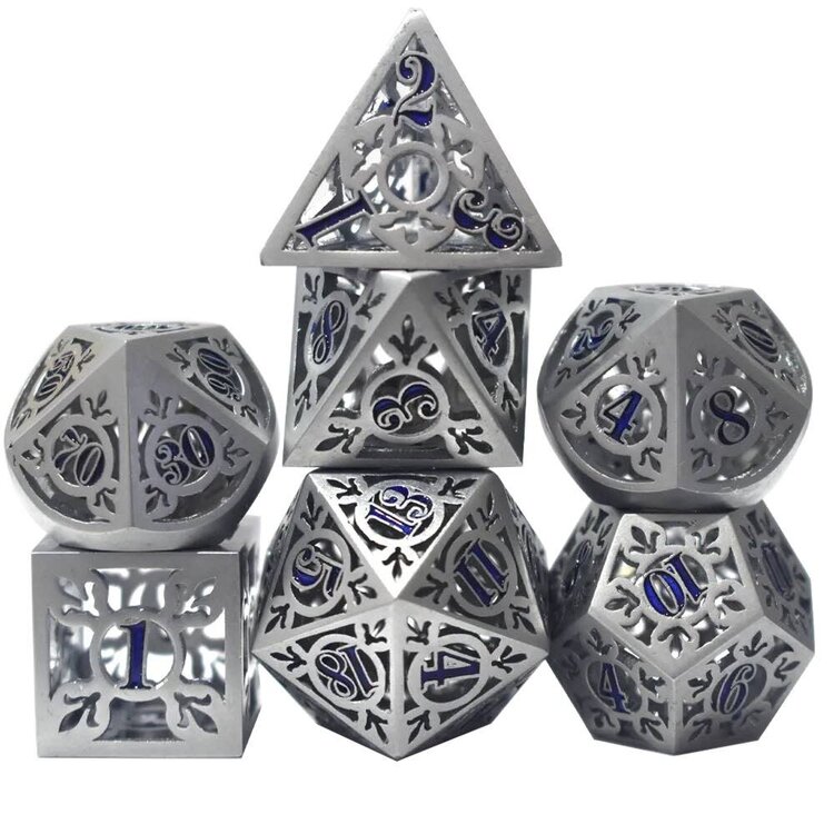 Würfelz Fleur de Lys Silver with Royal Blue Numbers - 7 Die Metal Set