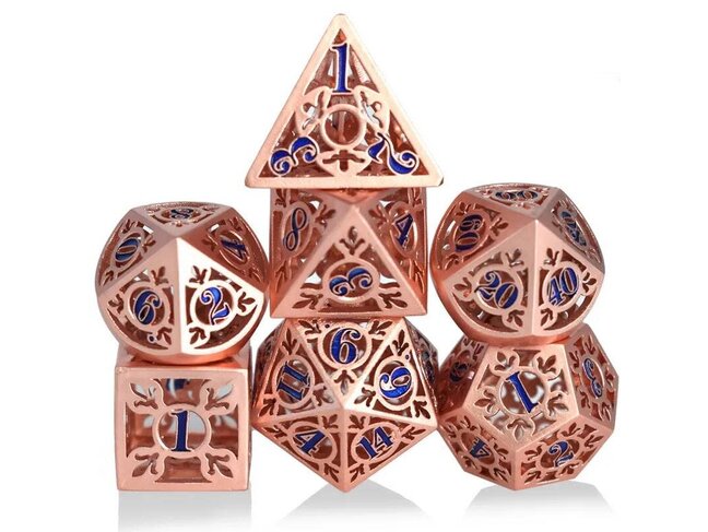 Würfelz Fleur de Lys Rose Gold with Royal Blue Numbers - 7 Die Metal Set