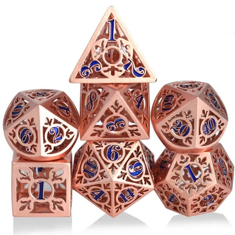 Würfelz Fleur de Lys Rose Gold with Royal Blue Numbers - 7 Die Metal Set