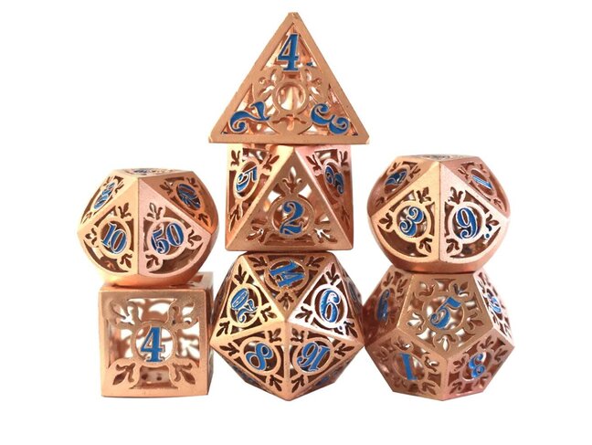 Würfelz Fleur de Lys Rose Gold with Blue Numbers - 7 Die Metal Set