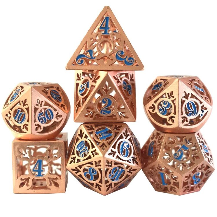 Würfelz Fleur de Lys Rose Gold with Blue Numbers - 7 Die Metal Set