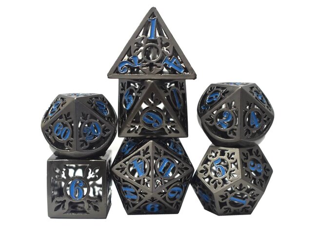 Würfelz Fleur de Lys Black with Blue Numbers - 7 Die Metal Set