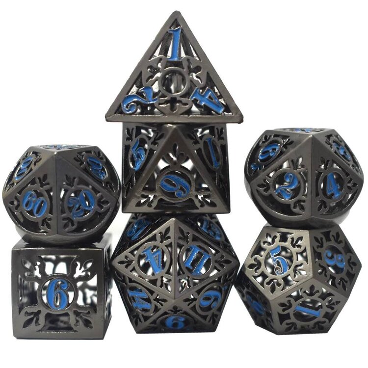 Würfelz Fleur de Lys Black with Blue Numbers - 7 Die Metal Set
