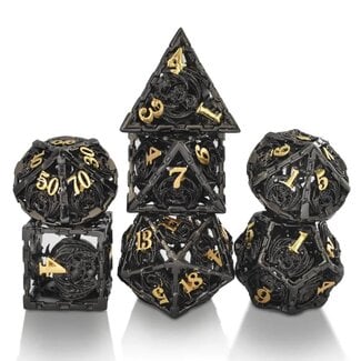 Würfelz Dragon Hollow Black with Gold Numbers - 7 Die Metal Set