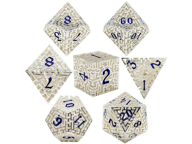 Würfelz Maze Silver with Blue Numbers - 7 Die Metal Set