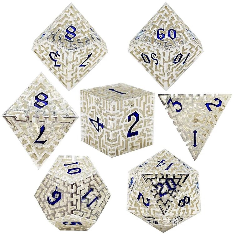 Würfelz Maze Silver with Blue Numbers - 7 Die Metal Set