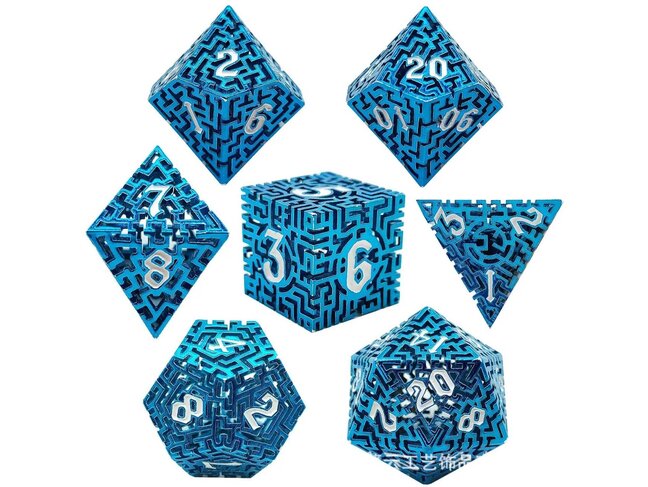 Würfelz Maze Blue with White Numbers - 7 Die Metal Set