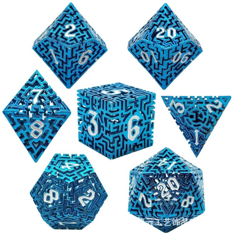 Würfelz Maze Blue with White Numbers - 7 Die Metal Set